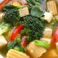 Vegetable Bean Curd Soup · With noodles.