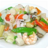 Seafood Delight · Shrimp, lobster and scallop with Chinese vegetables. Served with rice.