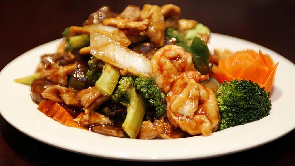Triple Delight · Chicken, beef, shrimp, broccoli and Chinese vegetables. Served with rice.