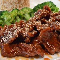 Sesame Beef Steak · Spicy. Served with rice.