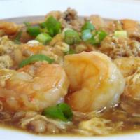 Shrimp With Lobster Sauce · Served with rice.