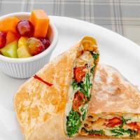 Rise And Shine Wrap · Scrambled egg whites, kale, grilled chicken, roasted tomatoes, and light swiss in a whole wh...