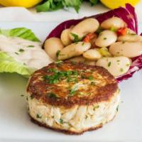 Crab Cake · Maryland jumbo lump crabmeat served with piazzi bean puree, mustard and mayonnaise sauce.