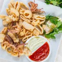 Calamari · Rings of fresh local squid, lightly fried or grilled.