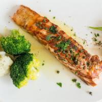 Organic Salmon · Scotland. Filet served with seasonal vegetables.