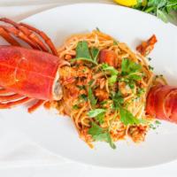 Lobster Pasta · Lobster with linguini and tomato sauce.
