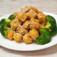 Sesame Beancurd · Lightly fried tofu with Sesame chicken Sauce and Broccoli