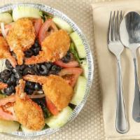 6 - Pcs Jumbo Shrimp Salad · Jumbo shrimp with dressing on the side and a bottle of water or can of soda