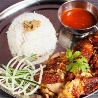 Hainanese Roast Chicken Rice · Crispy Chinese style chicken with bone, secret soy sauce blend aromatic chili sauce, chicken...