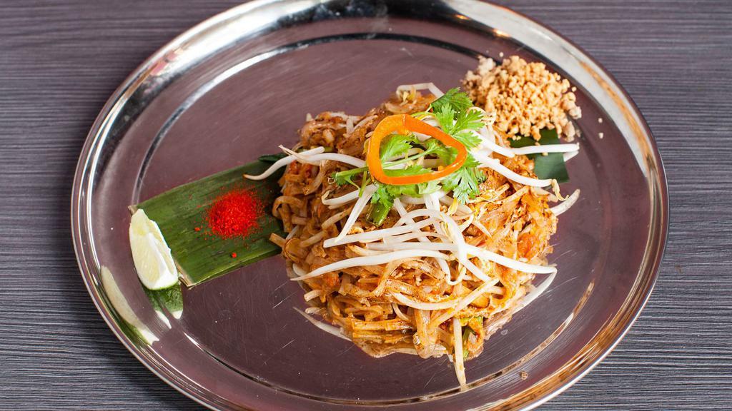 Pad Thai Noodle · Vegetarian and gluten-free. Thin rice noodle, scallion, chaipo, bean sprout, eggs, and peanut. Sauce contains fish sauce that can be removed by request. Not spicy.
