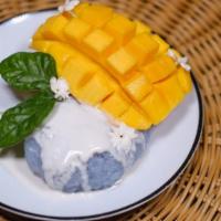 Mango Sticky Rice · Sweet Mango with Coconut Sticky Rice infuse with the Butterfly Pea Flower. Topped with roast...