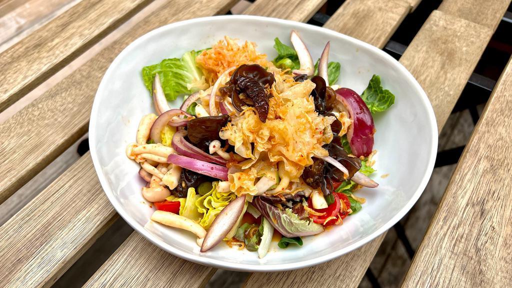 Yum Hed · Spicy mushrooms salad; wood ear mushrooms, snow funguses, shimeji mushrooms. With red onions, scallions, cashew nut, tomatoes and celeries.