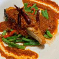 Peppery Salmon · Pan-fried fillet-salmon (7oz) with string beans, bell pepper and kaffir lime leaves. Serve w...