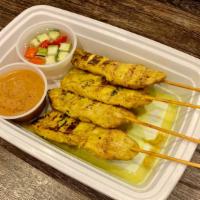 Chicken Satays (Gf) · Grilled marinated chicken on skewers, served with peanut sauce and cucumber relish. Gluten f...