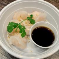 Shrimp Steamed Dumplings · Grounded shrimp, bamboo shoots, sesame, served with sweet soy-vinaigrette sauce.