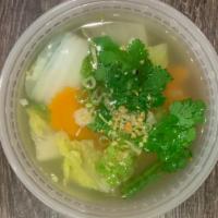 Vegetable Tofu Soup (Gf) · Vegetable clear broth with napa cabbages, carrots, scallions, tofu and glass noodles. Gluten...
