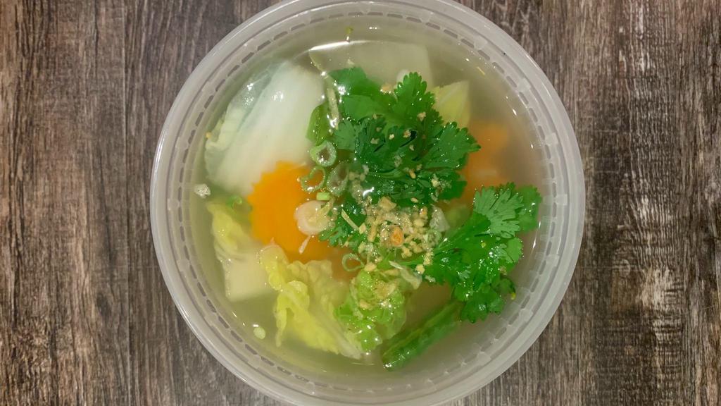 Vegetable Tofu Soup (Gf) · Vegetable clear broth with napa cabbages, carrots, scallions, tofu and glass noodles. Gluten free.