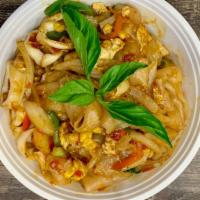 Drunken Noodle (Kee Mao) · Medium. Stir-fried broad noodles, bell peppers, onions and egg in thai basil-chili sauce. Sp...