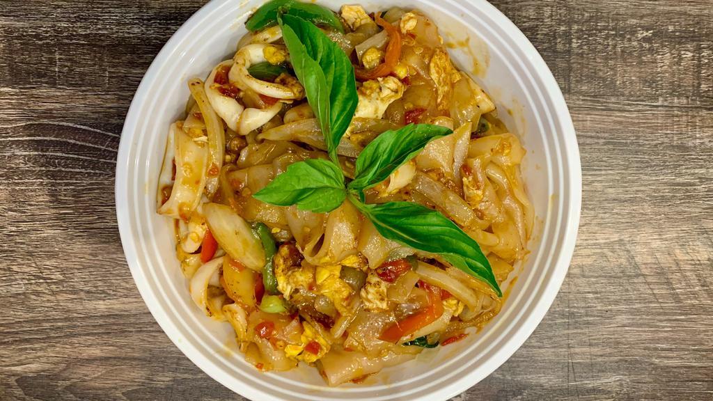 Drunken Noodle (Kee Mao) · Medium. Stir-fried broad noodles, bell peppers, onions and egg in thai basil-chili sauce. Spicy.