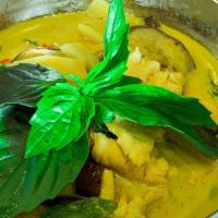 Green Curry (Gf) · Medium, gluten free. Eggplants, bamboo shoots, bell peppers, basil, coconut milk. Spicy. Glu...