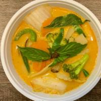 Red Curry (Gf) · Medium, gluten free. Eggplants, bell peppers, bamboo shoots, basil and coconut milk. Spicy. ...