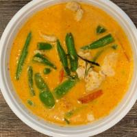 Panang Curry (Gf) · Medium, gluten free. String beans, bell peppers, kaffir-lime leaves, coconut milk. Spicy. Gl...