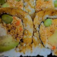 Firecracker Roll · Spicy crab, asparagus, avocado, tempura flakes, teriyaki sauce.