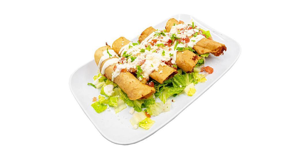 Flautas · 4 Hand rolled flour tortillas deep fried and filled with your choice of either chicken, carnitas or grilled  veggie mix. Served with spanish rice and refried beans.