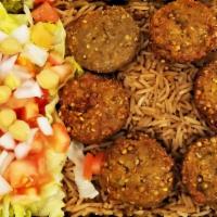 Falafel Over Rice · FRESH FALAFEL WITH RICE, SALAD AND SAUCES