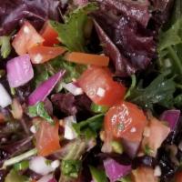House Salad · Mixed Greens with Goat Cheese, Diced Tomatoes, Onions, Candied Spiced Walnuts tossed in our ...