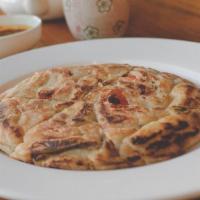 Pajeon 파전 · Scallion pancake with red bell pepper and mushrooms. *Cannot be made gluten free