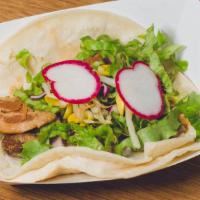 Pork Belly Taco · Soy-braised Berkshire pork belly, served on corn tortillas with bean sprouts, red leaf lettu...