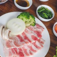 Diy Samgyeopsal (Uncooked) · Uncooked sliced un-marinated pork belly with onions, garlic, Korean peppers. Served with you...