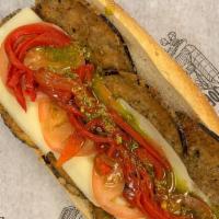 The Davinci · Vegetarian. Fried eggplant, tangy imported swiss, pesto sauce, roasted peppers, tomato, and ...