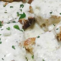 Garlic Fromage · Toasted Italian garlic bread topped with a creamy four cheese sauce