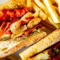 Sand-Italian Hot Dog -L · Grilled hot dog topped with peppers, potatoes and onions on Italian bread