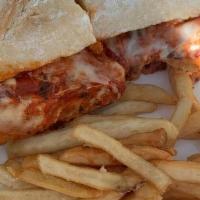 Sand-Chicken Parmigiana - L · Breaded Chicken Cutlet topped with melted mozzarella cheese & marinara sauce on fresh baked ...