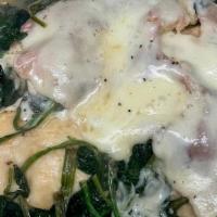 Saltimbocca Alla Romano · Chicken or Veal Cutlet sautéed and topped with baby spinach, proscuitto and melted provolone...