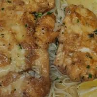 Francaise · Chicken or Veal Cutlet dipped in egg then sautéed in a lemon and butter sauce