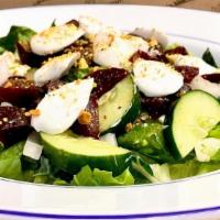 Full Beet Salad · romaine & kale | beet | cucumber | onion | balsamic | cream cheez | pistachios | croutons
