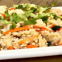 Fried Rice · fried quinoa rice w/ sausage, garlic, onions, kale, carrots and Just Egg w/ green onion garn...