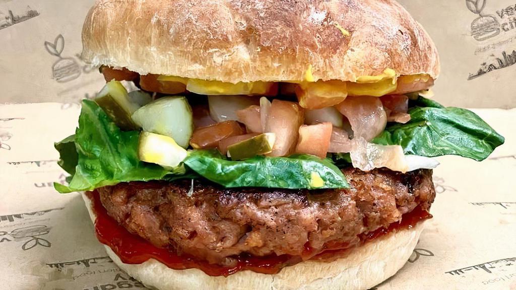 Classic Burger · house made bun | beyond burger | lettuce | tomato | onion | pickle | ketchup | mustard