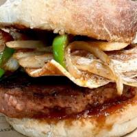 Bbq Bakon Burger · house made bun | beyond burger | bakon | grilled onions and peppers | BBQ sauce