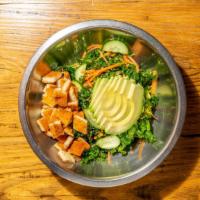 Quinoa & Kale Salad · Vegetarian. Massaged kale, red quinoa, carrots, cucumber, and honey mustard vinaigrette. Add...