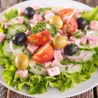Chef'S Salad · Juicy ham, salami, creamy cheese, tomatoes, radish, olives, onions, and green peppers over a...
