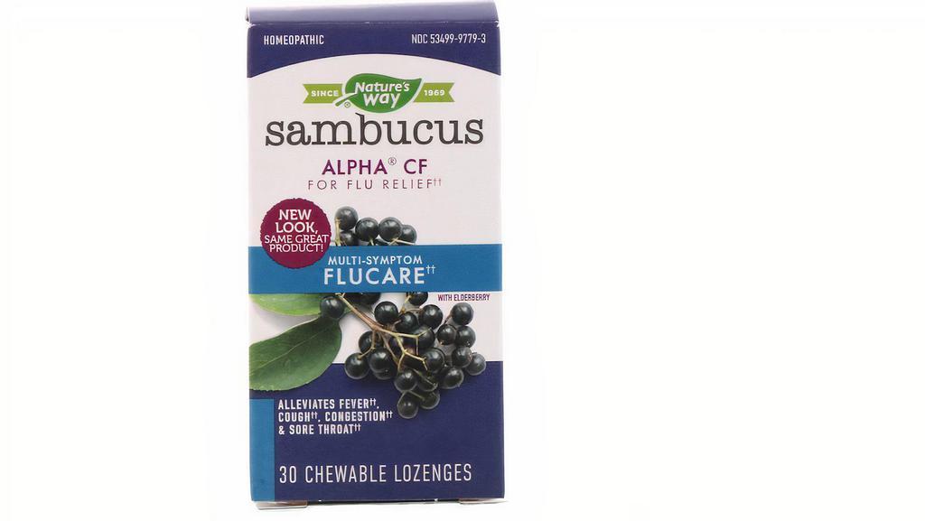 Nature’S Way, Sambucus Flucare, Multi-Symptom Flu Relief, Elderberry, 30 Lozenges · Homeopathic
Since 1969
ALPHA© CF
Alleviates Fever, Cough, Congestion & Sore Throat

Uses: Temporarily relieves common flu symptoms:

chills/fever
hoarseness
stuffy nose
congestion
runny nose
minor aches/pains
cough
sneezing
headache
sore throat
Multi-Symptom Relief

Relieves common flu symptoms such as chills/fever, congestion, coughing, headache, minor aches/pains, sneezing, sore throat, and stuffy/runny nose.