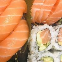 Salmon Lover · Three pieces salmon sushi, three pieces salmon sashimi, one salmon avocado roll.