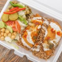 2 Pc Fish Over Rice · Served over brown rice basmati with salad and any of shahzad's sauces.