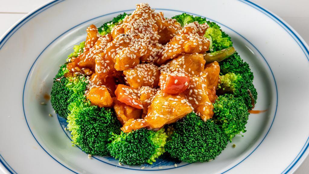 Sesame Chicken · All Served with Veggie Fried Rice/White Rice, Pork Chive Dumplings (2) or Vegan Egg Roll, Hot & Sour or Wonton Soup.  No Substitutions. Available on Monday to Friday 11:30 am - 4:30 pm (except Holidays and Weekends)