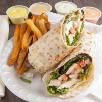 Grilled Chicken With Mozzarella Wrap · Served with chicken, romaine lettuce and Caesar sauce.
